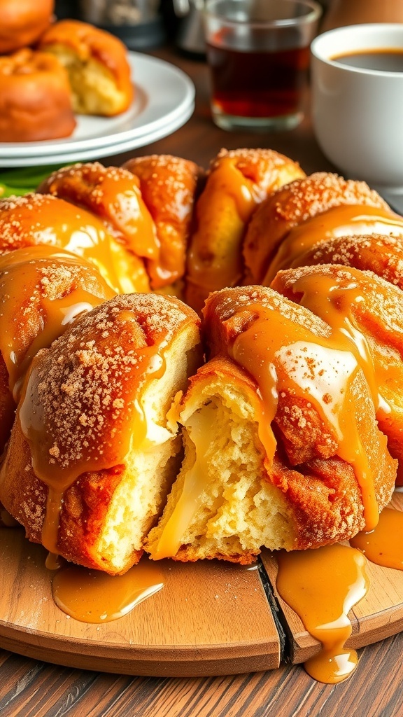 Pillsbury Monkey Bread Recipe Golden-brown monkey bread with cinnamon sugar, drizzled with glaze, on a wooden table.